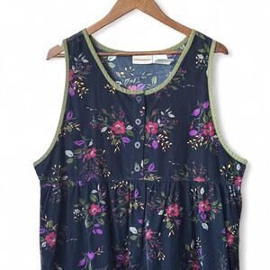 Vintage Floral Corduroy Sleeveless Dress XL Navy Cottagecore Button Front